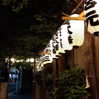 夜の街路に並ぶ和風の白い提灯